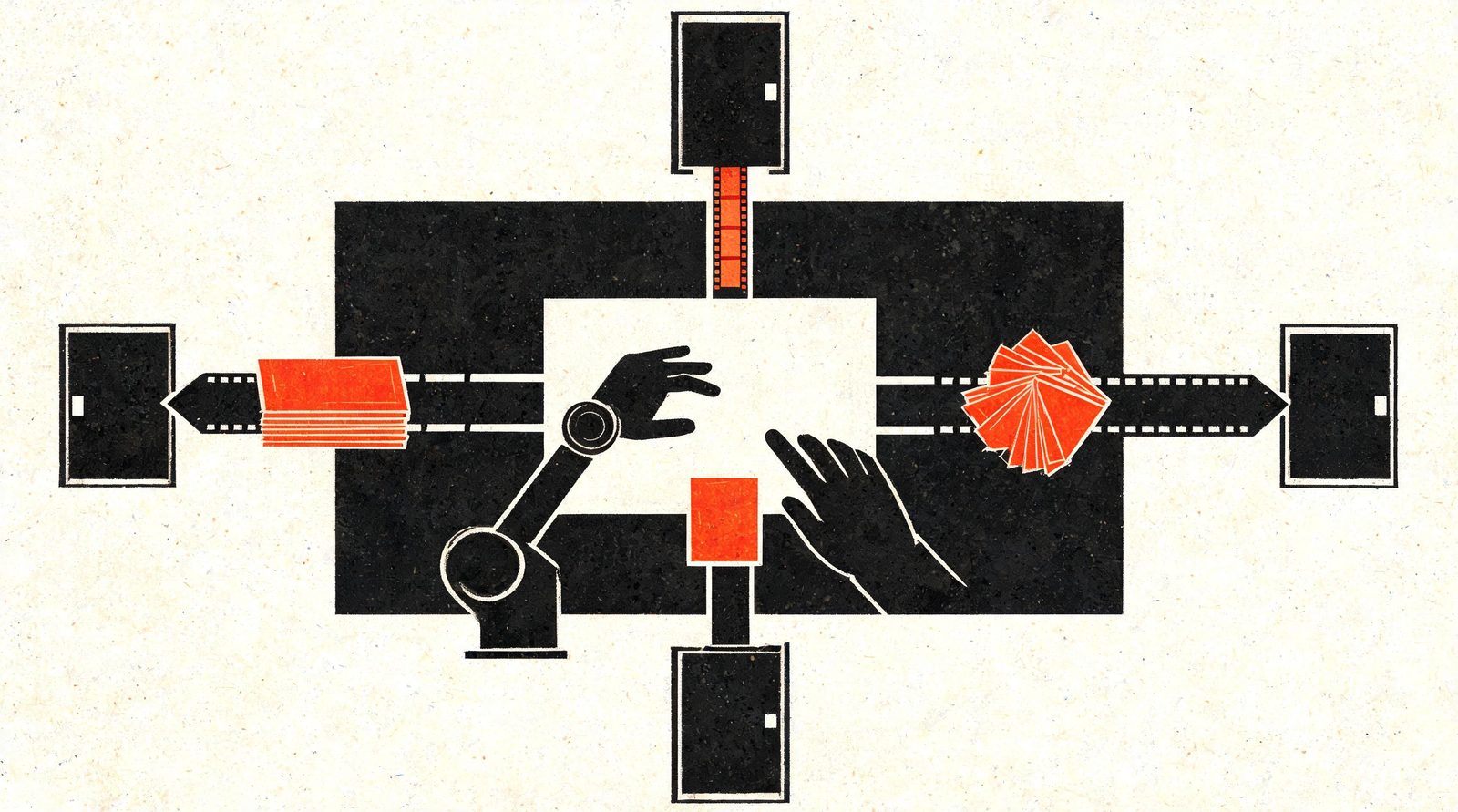 Illustration riso : une table de montage où une seule feuille se divise en pages, pellicule, diapositives et photo, chacune menée vers sa porte; un bras robot et une main travaillent à la même table.