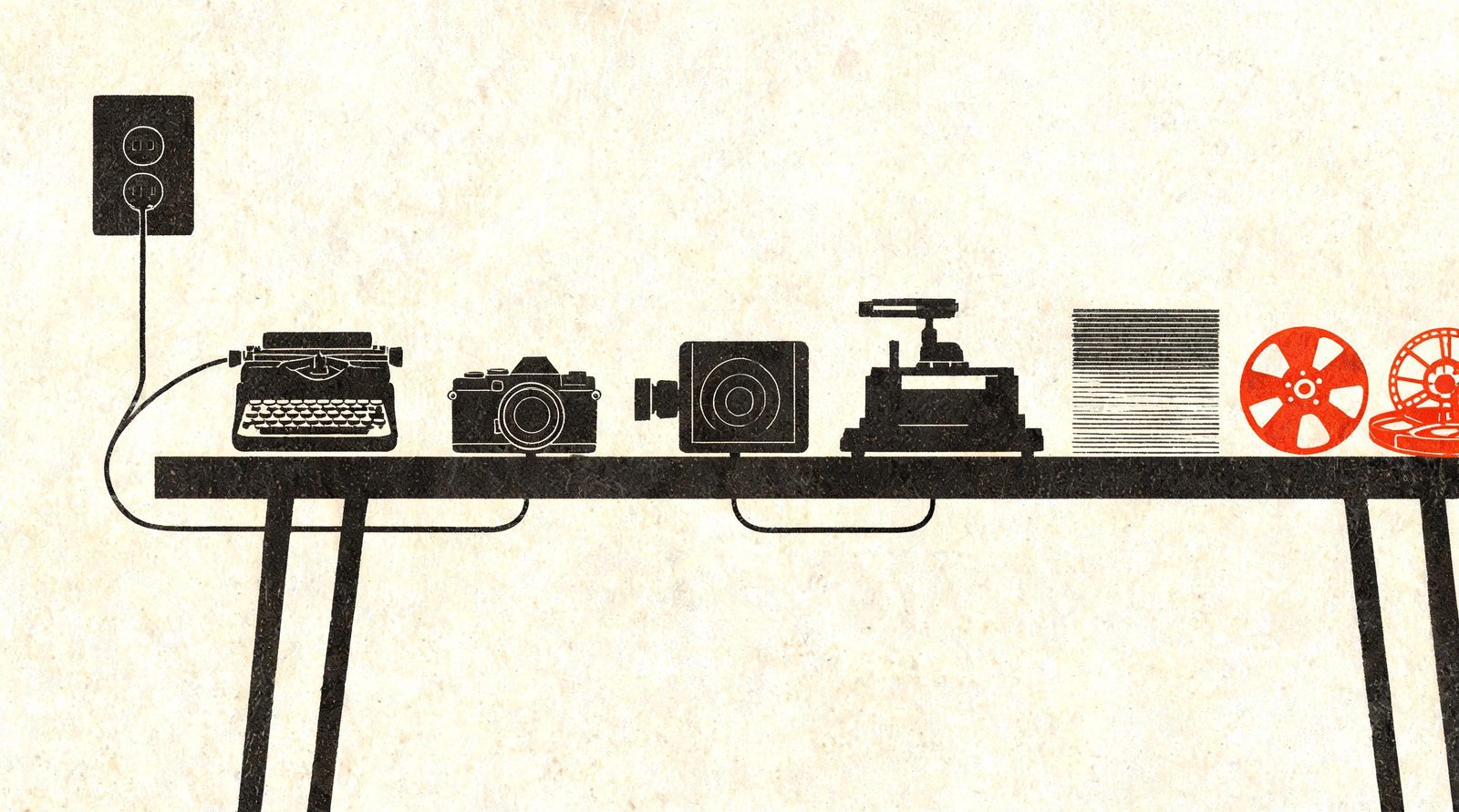 Illustration riso : un seul établi où une machine à écrire, une caméra, un projecteur et une petite presse partagent un seul câble branché à une seule prise.