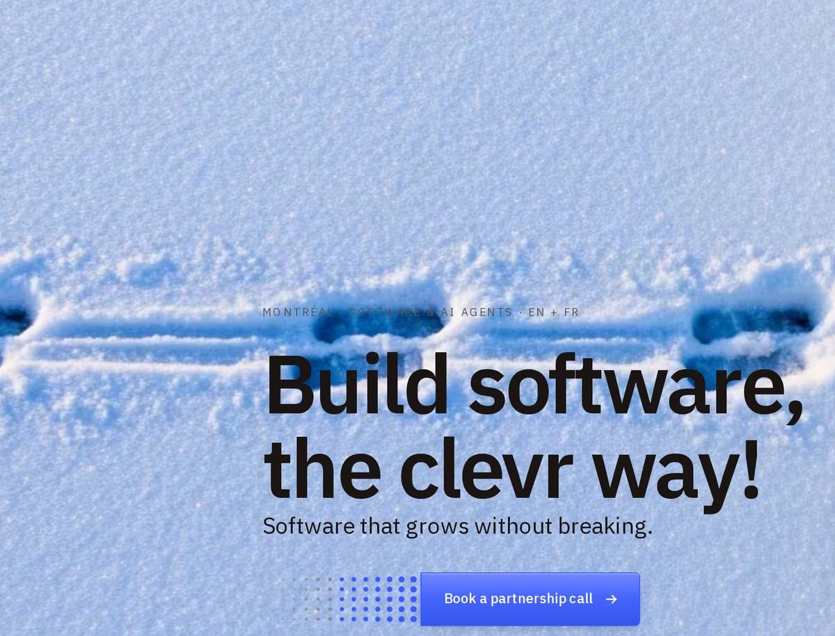 L'accueil de clevrstart en anglais : « Build software, the clevr way! »