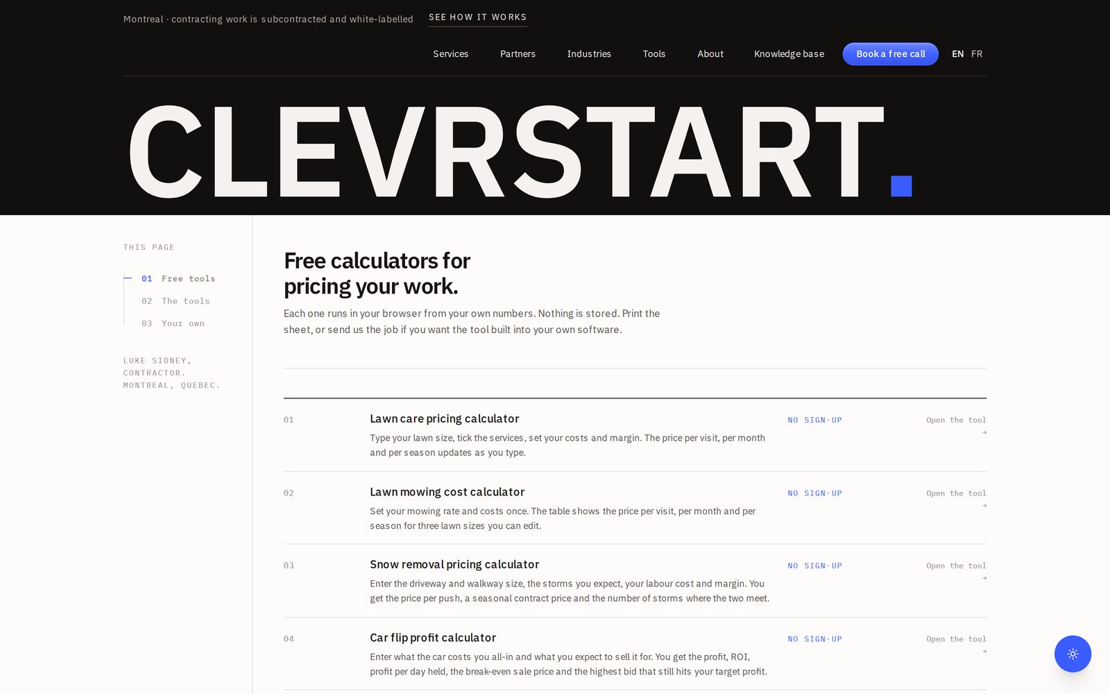 La page des outils gratuits de clevrstart : des calculateurs de prix pour les entreprises de services.