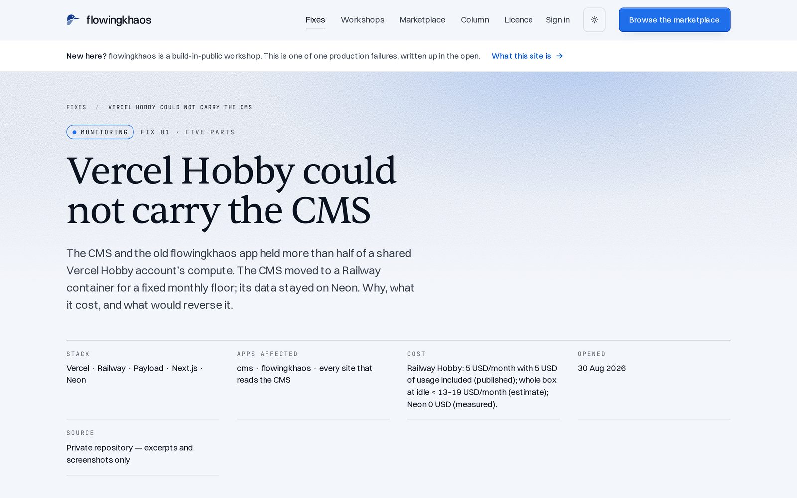 Une page de réparation flowingkhaos : « Vercel Hobby could not carry the CMS », avec la pile, les applis touchées et le coût.