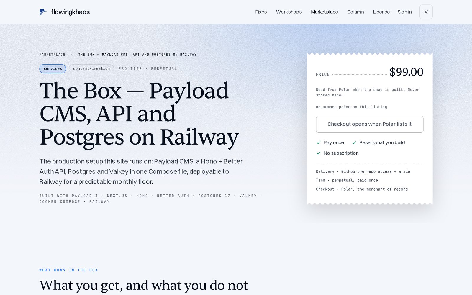 Une fiche du marché flowingkhaos : « The Box — Payload CMS, API and Postgres on Railway », une licence unique.
