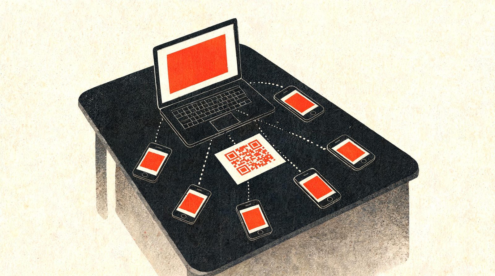 Illustration riso : un portable au bout d'une table de réunion et cinq téléphones autour, chacun affichant la même diapositive, reliés par des pointillés, avec une carte QR au centre.