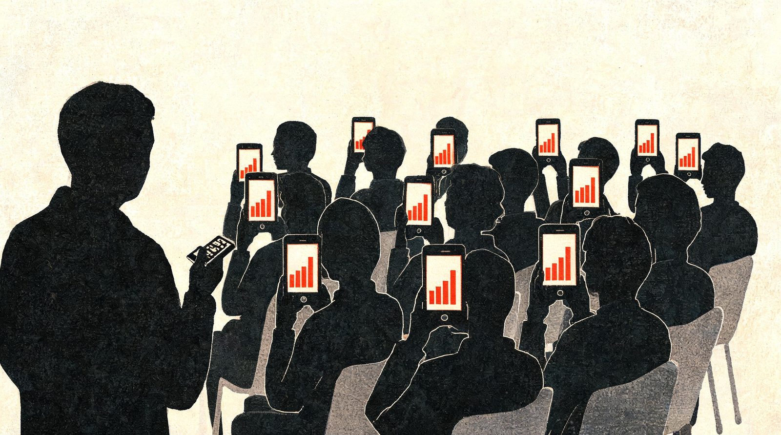 Illustration riso : une chaîne de diapositives qui aboutit à une salle de téléphones plutôt qu'à un fichier.