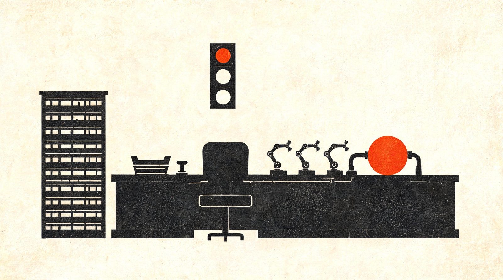 Riso illustration: one chair at a wide desk, an index-card cabinet, small robot arms on separate benches joined by one pipe to a single tank, and a traffic light on the wall.