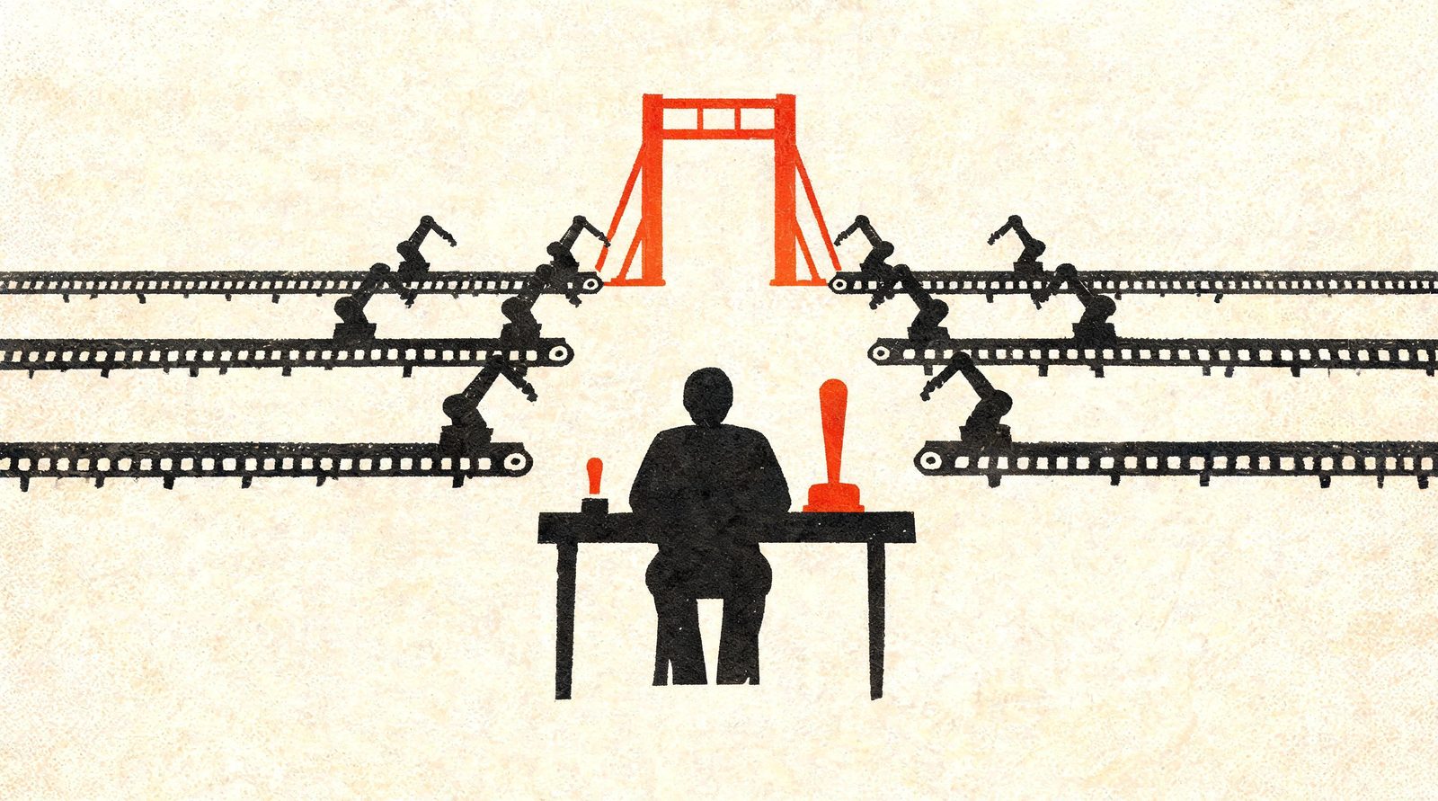 Illustration riso : une personne au centre de trois lignes de travail, menées par une seule machine.