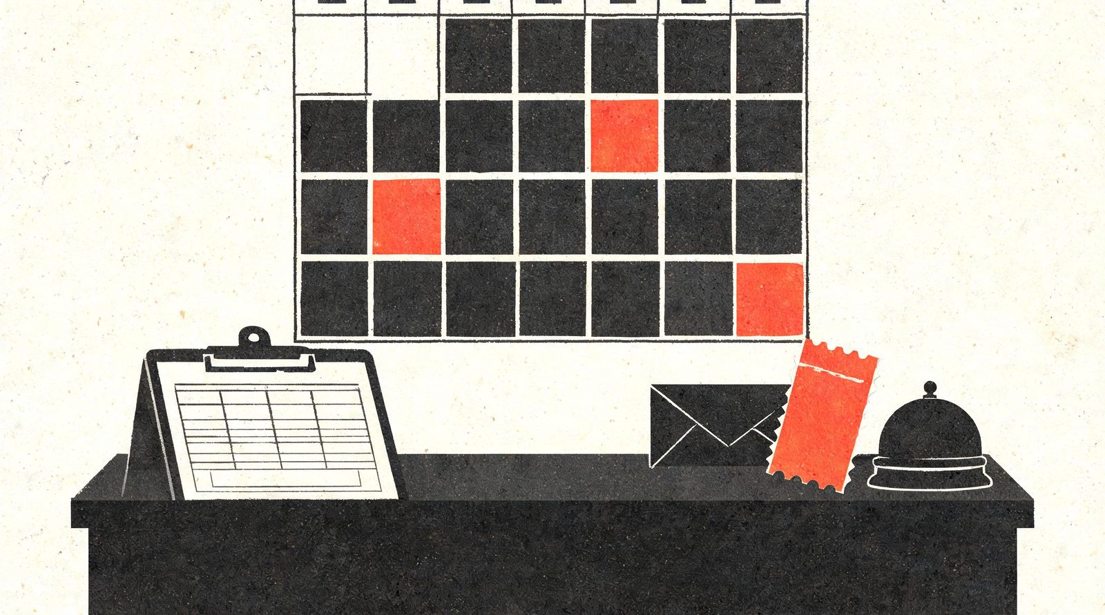 Illustration riso : un questionnaire sur planchette devant un calendrier mural où seulement trois journées sont ouvertes, une enveloppe et un talon de billet près d'une sonnette.