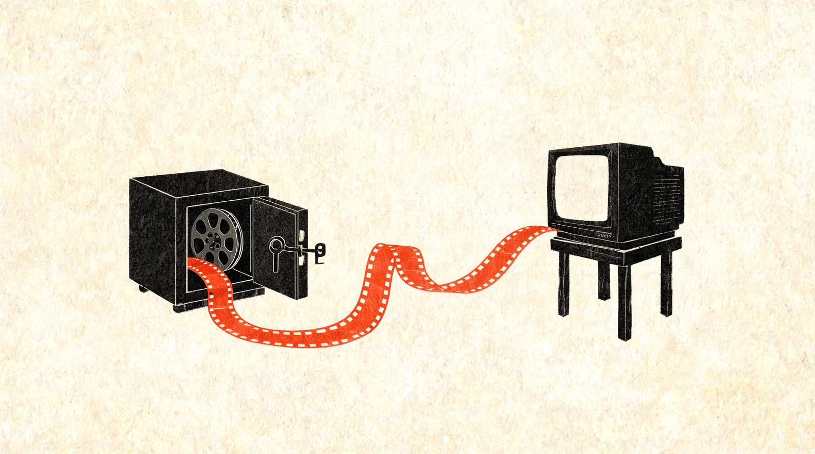 Illustration riso : des bobines de film rangées dans un coffre qui appartient à une seule personne.